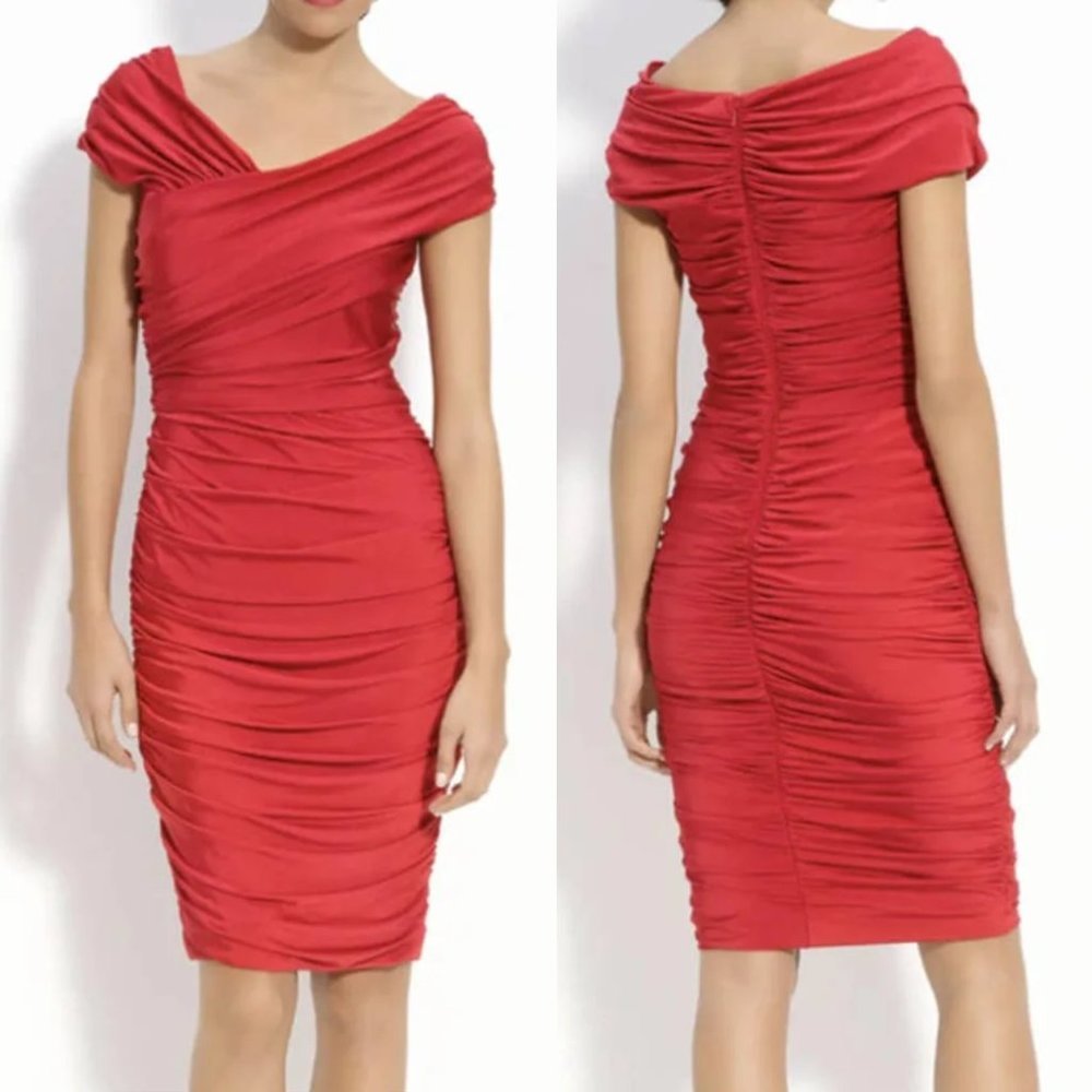 Tadashi Shoji Red Ruched Satin Off Shoulder Bodycon Sheath Cocktail Dress M